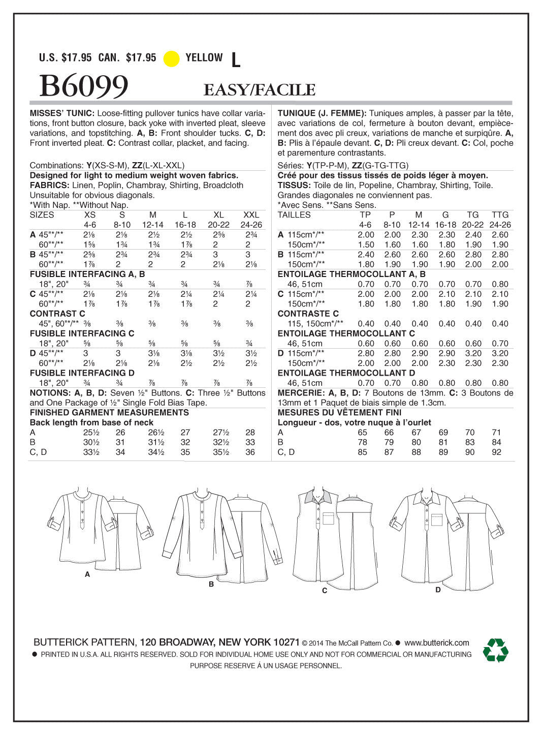 Butterick Misses' Tunic B6099 - Sewing Pattern