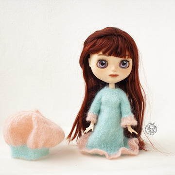 Mint and rose outfit for doll knitted flat