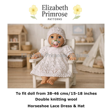 Horseshoe Lace Dress & Hat Knitting Pattern P54 for 38–46cm Dolls | Elizabeth Primrose Patterns