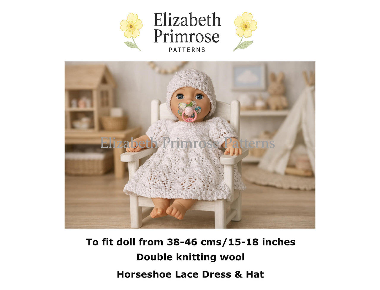 Horseshoe Lace Dress & Hat Knitting Pattern P54 for 38–46cm Dolls | Elizabeth Primrose Patterns