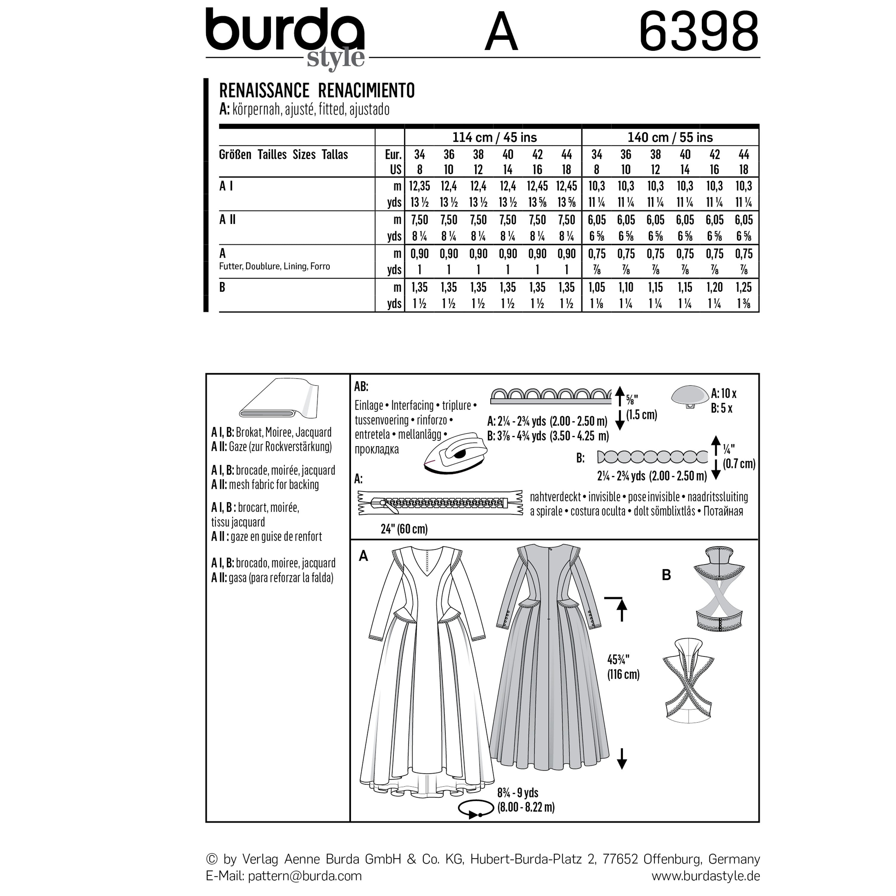 Burda Style Women's Renaissance Dress B6398 - Paper Pattern, Size 8-18