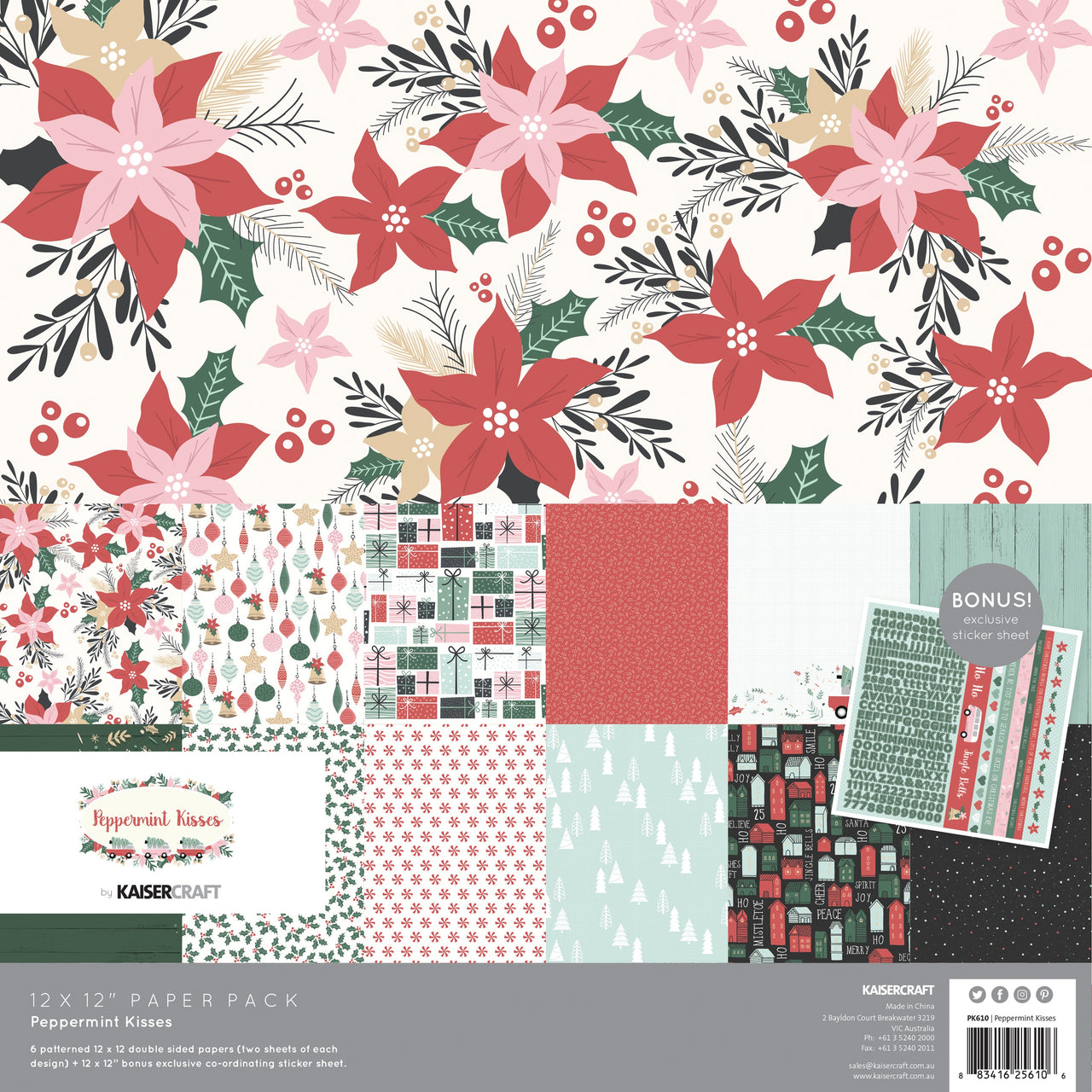 Kaisercraft Paper Pack 12"X12" 12/Pkg - Peppermint Kisses