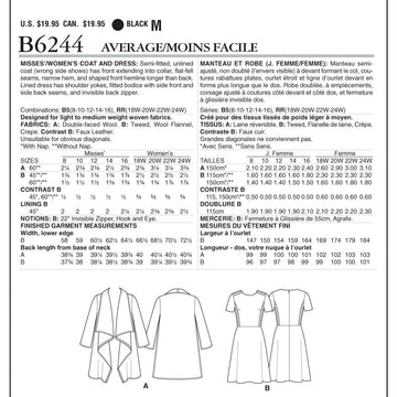 Butterick Misses'/Women's Coat and Dress B6244 - Sewing Pattern