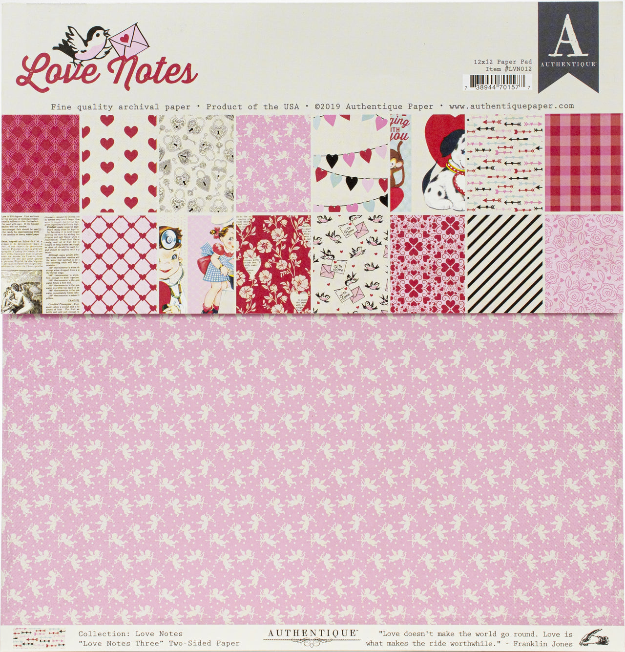 Authentique Paper Authentique Double-Sided Cardstock Pad 12"X12" 18/Pkg - Love Notes, 8 Designs/2 Each + 2 Solids