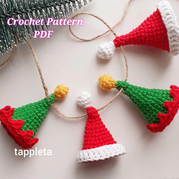 Mini Santa and Elf hats crochet pattern, Santa Claus hat ornament, crochet pattern Elf hat, Christmas tree ornament crochet mini hat garland