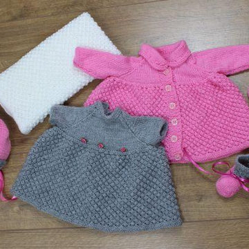 Knitting pattern baby dress, jacket, hat, booties and blanket #68