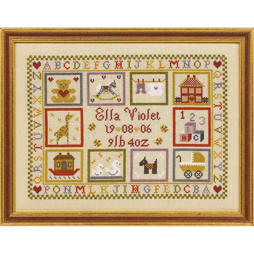 Historical Sampler Company Toy Shop Birth Sampler Cross Stitch Kit - 27cm x 20cm