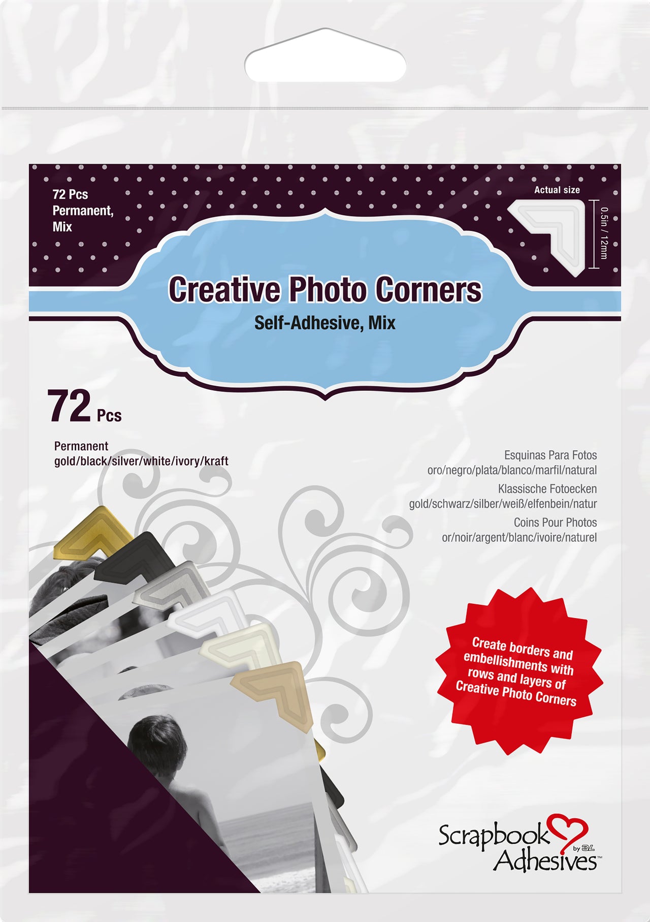 3L Scrapbook Adhesives Paper Photo Corners Self-Adhesive 72/Pkg - .5" Variety Pack