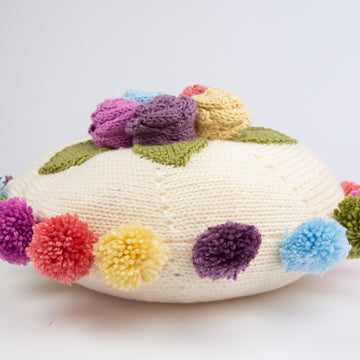 Round Shabby chic floral cushion with pom poms
