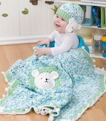 Polar Bear Blanket & Hat in Red Heart Soft Baby Steps Prints - WR2165