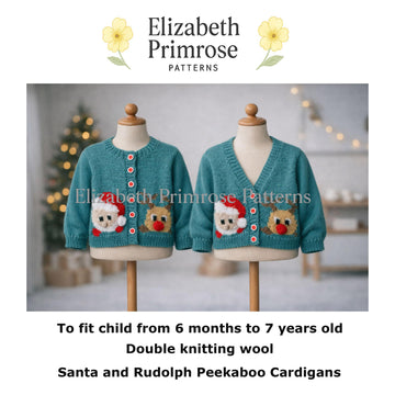 Santa & Rudolph Peekaboo Cardigans Knitting Pattern P107 – Elizabeth Primrose Patterns