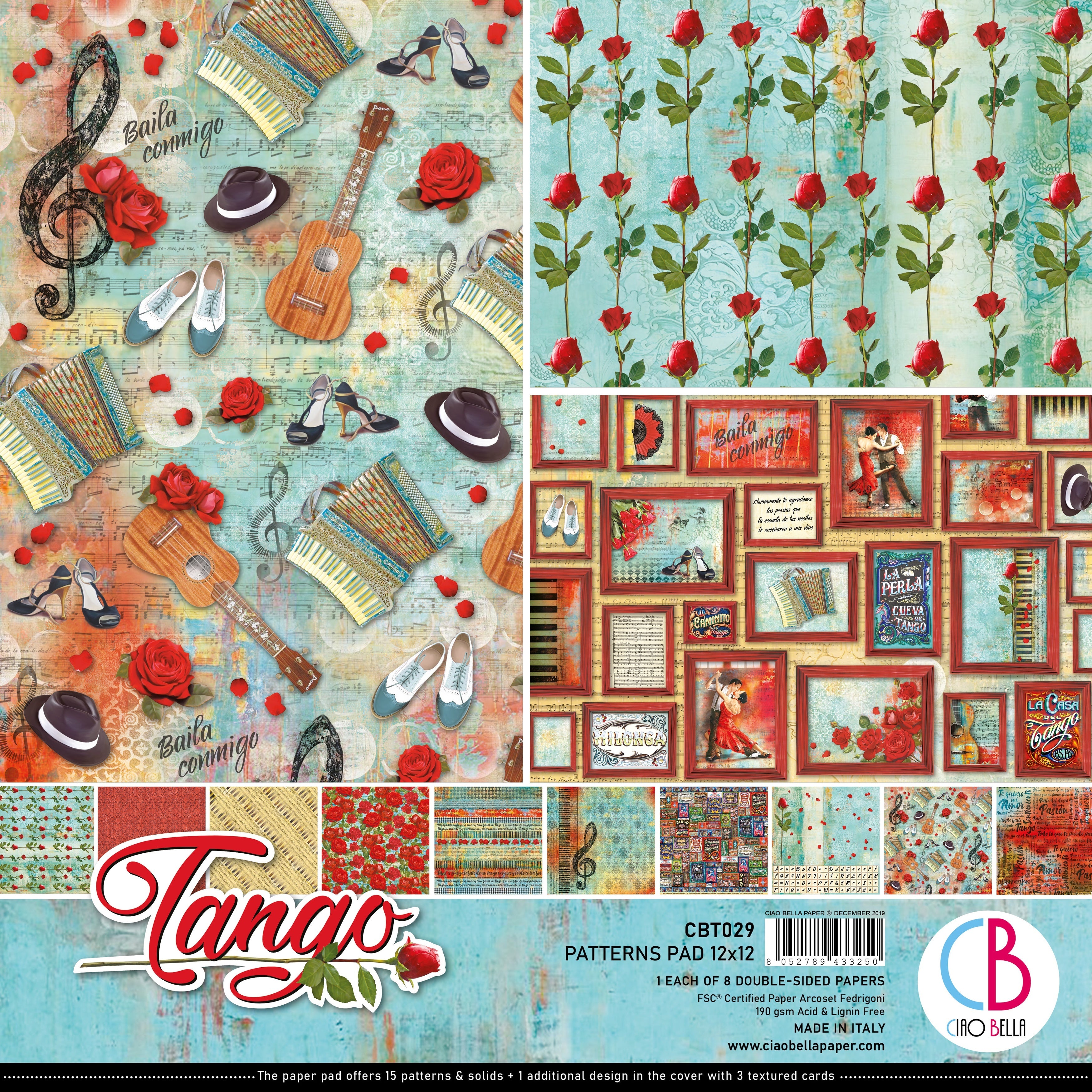 Ciao Bella Double-Sided Paper Pack 90lb 12"X12" 8/Pkg - Tango, 8 Designs/1 Each