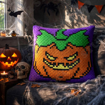 Halloween Cushion Devil Scary Smile Graph Pumpkin Purple Pillow Mini-C2C Pattern