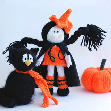 Halloween knitting patterns Sale : Black Cat in the orange Hat, Young Witch and Pumpkin - (knitted round)
