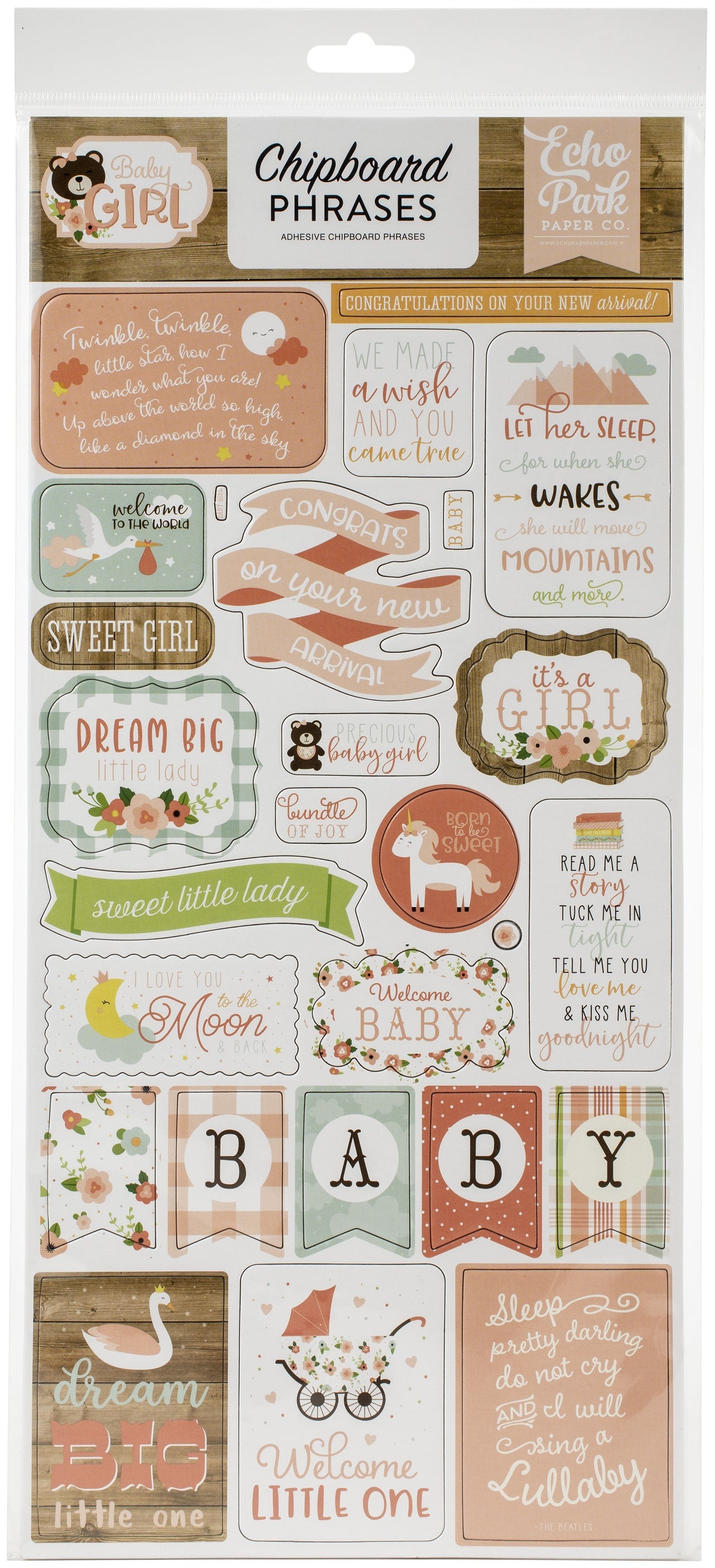 Echo Park Paper Baby Girl Chipboard 6"X13" - Phrases