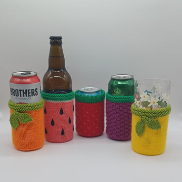 PDF Summer Fruits DK knitting pattern Can Sleeve Cosy/Sleeve/Coozie/Cozy Summer Vibes Easy Knitting Pattern Charity Knits Beer Bottle