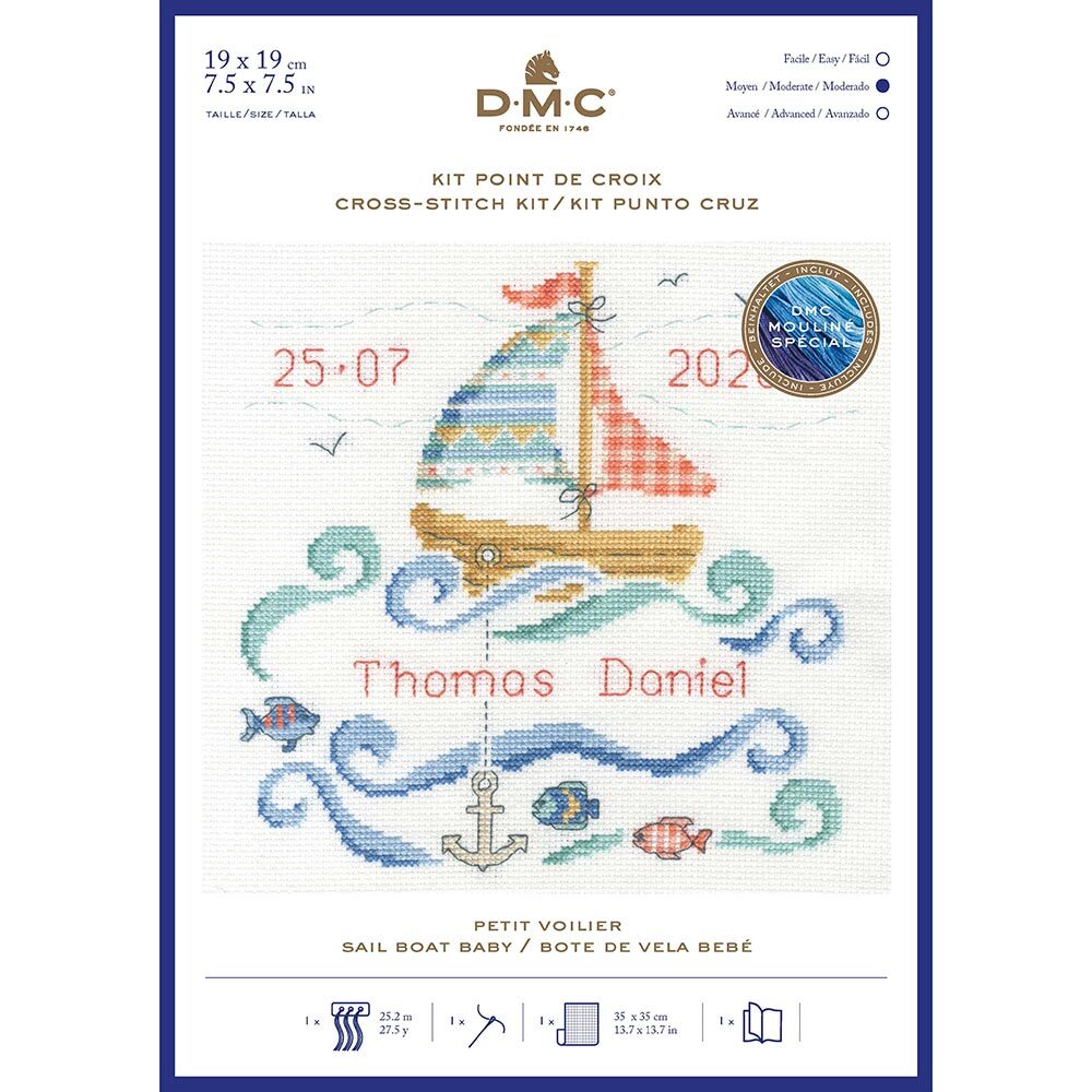 DMC Sail Boat Baby Cross Stitch Kit - 19 x 19cm