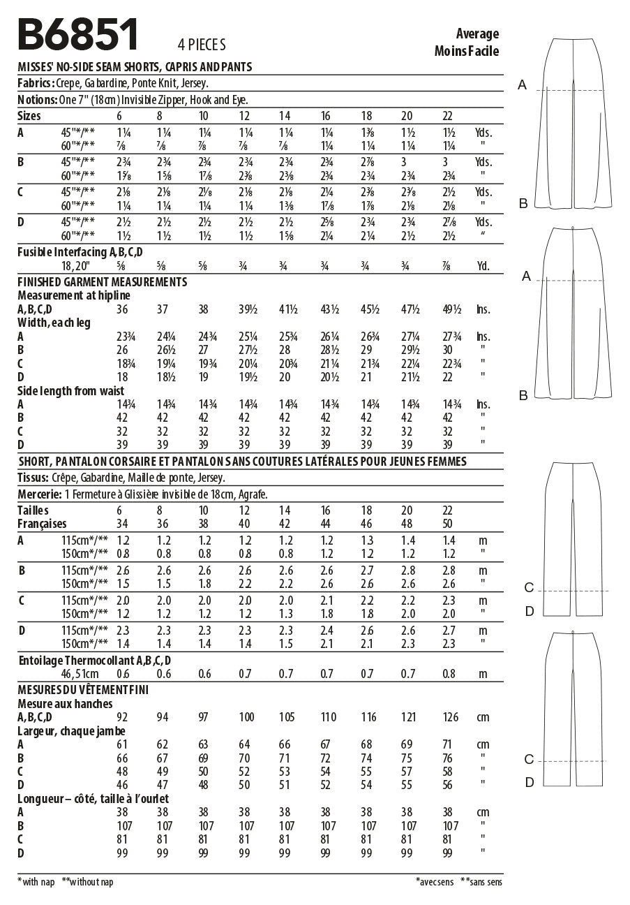Butterick Misses' No-Side-Seam Shorts, Capris & Pants B6851 - Sewing Pattern