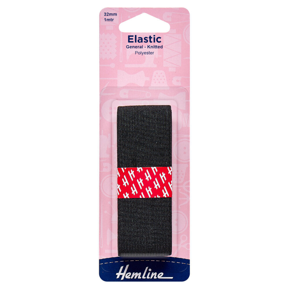 Hemline General Purpose Knitted Elastic: 1m x 32mm: Black