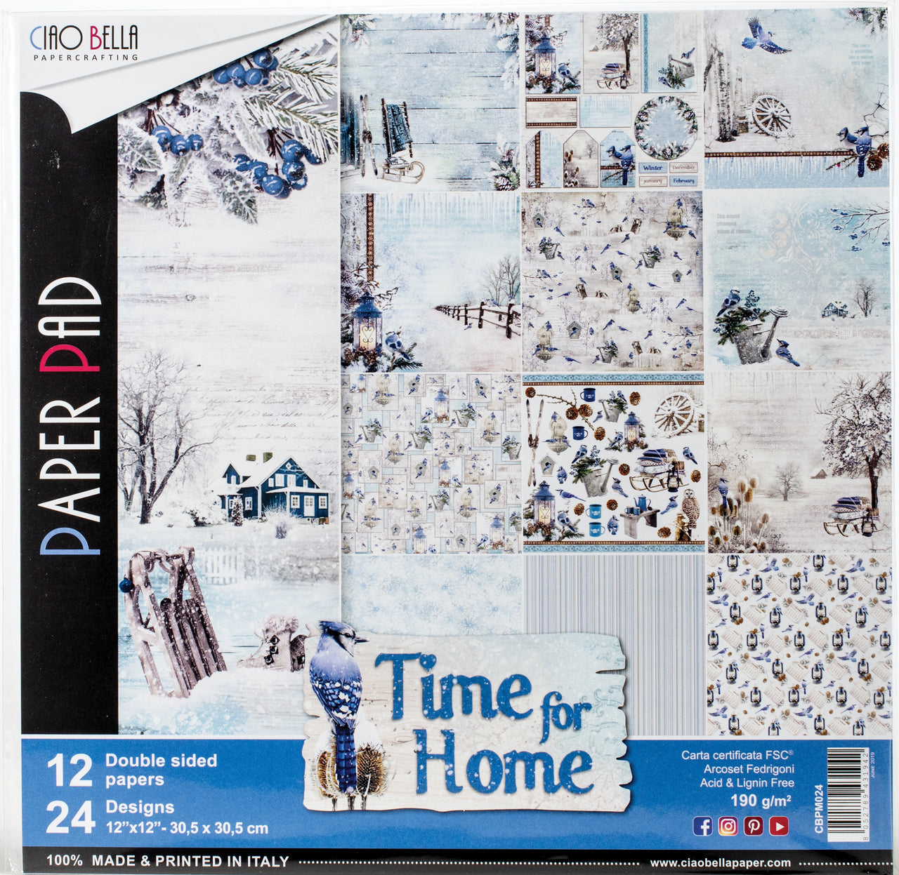 Ciao Bella Double-Sided Paper Pack 90lb 12"X12" 12/Pkg - Time For Home, 12 Designs/2 Each