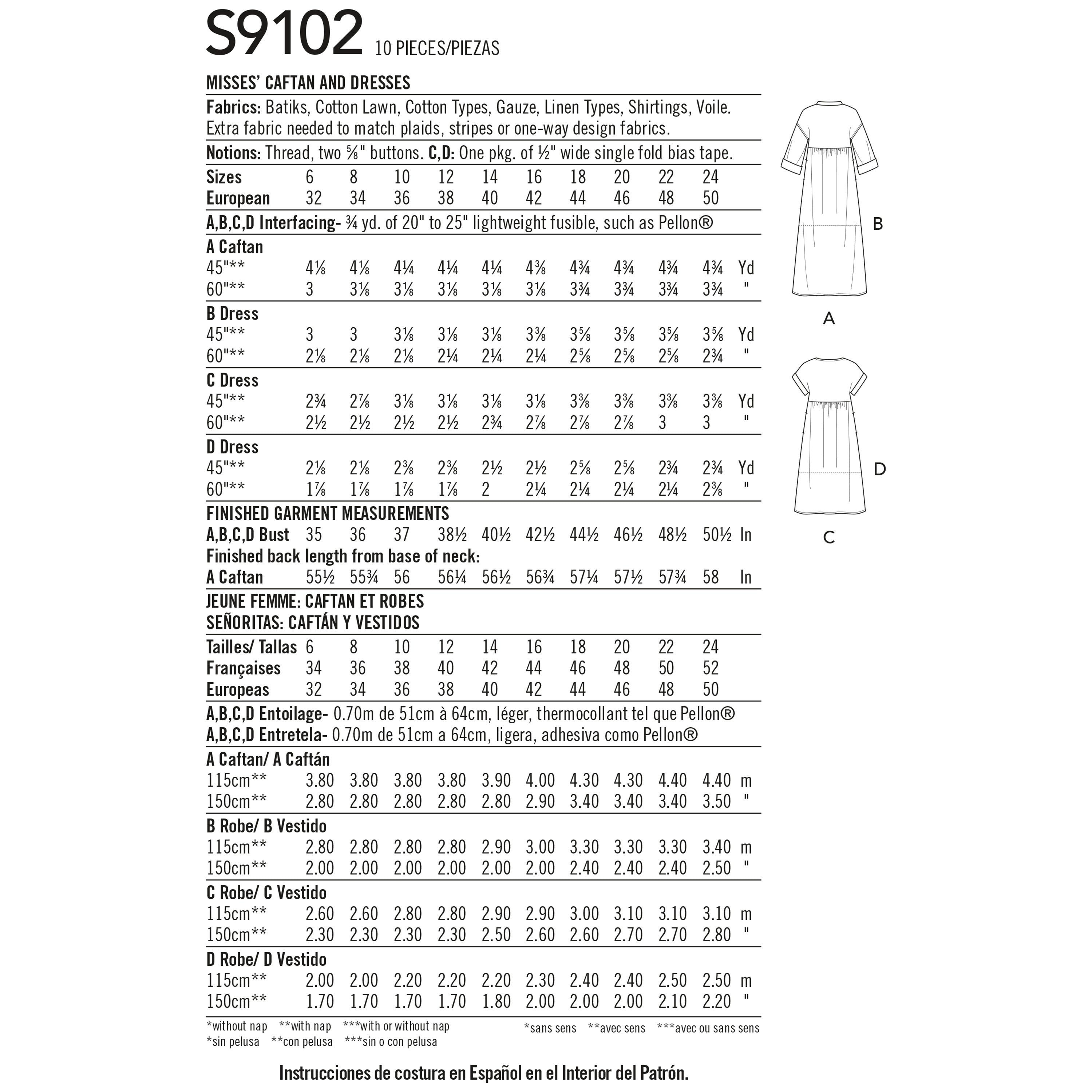 Simplicity Misses' Caftan & Dresses S9102 - Sewing Pattern