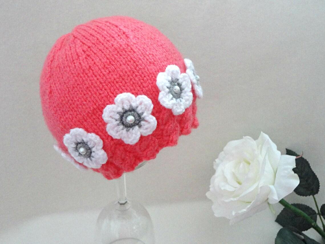 Knitting PATTERN Baby Hat with Crochet Flower and Pom Pom