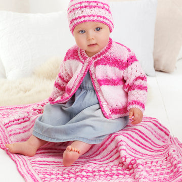 Childrens Cardigan, Hat, and Blanket in King Cole Stripe DK in King Cole - 5592 - Leaflet