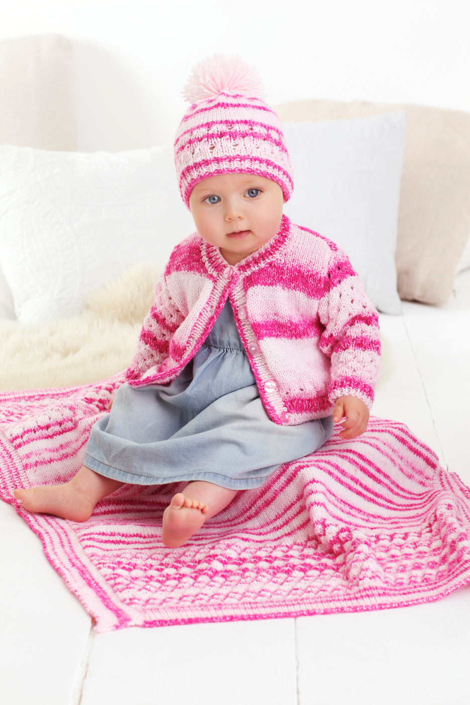 Childrens Cardigan, Hat, and Blanket in King Cole Stripe DK in King Cole - 5592 - Leaflet