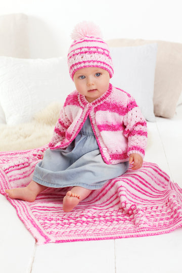 Childrens Cardigan, Hat, and Blanket in King Cole Stripe DK in King Cole - 5592 - Leaflet
