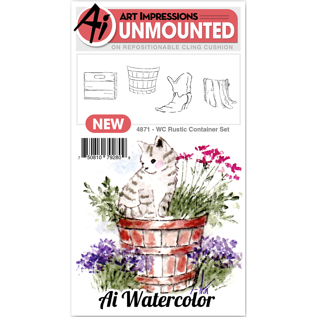 Art Impressions Watercolor Cling Rubber Stamps - Rustic Container