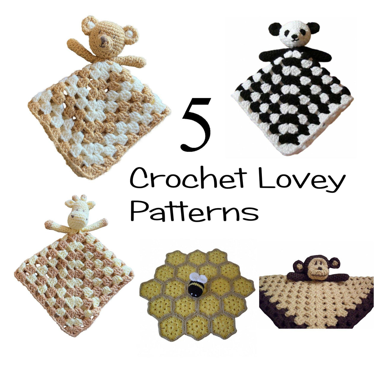 5 Lovey Crochet Patterns, Bears, Giraffe, Monkey and Bee