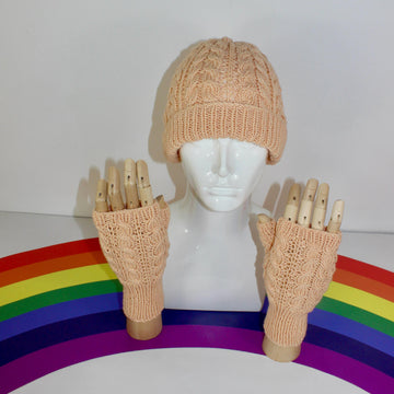 Adult Teen Aran Double cable Beanie Hat & Fingerless Gloves Circular