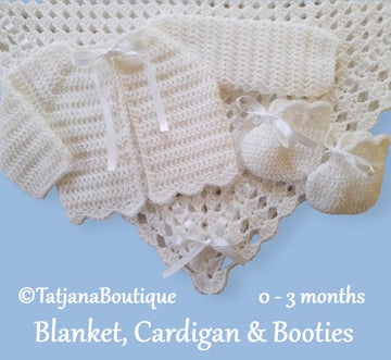 Baby Blanket, Cardigan and Booties