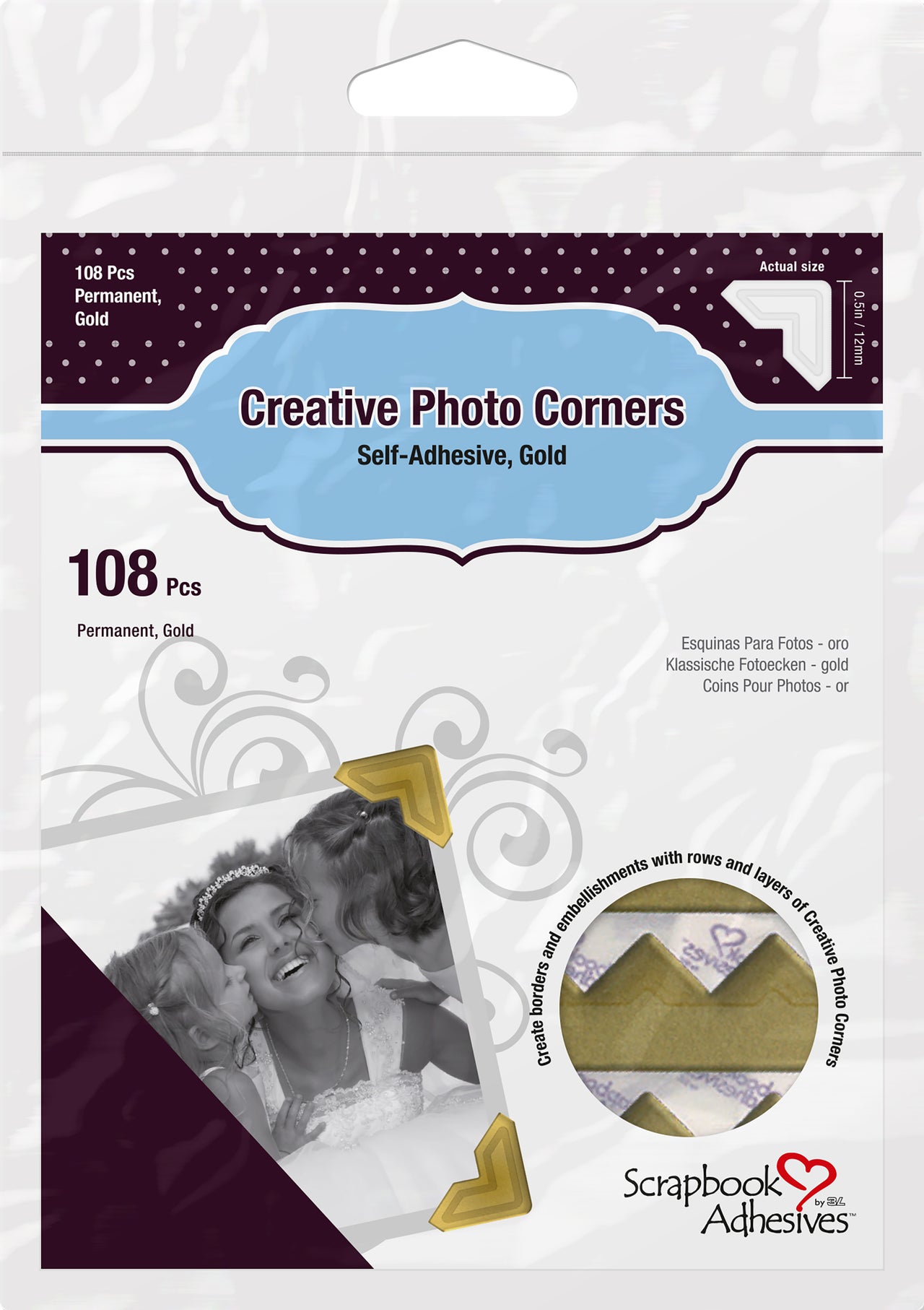 3L Scrapbook Adhesives Paper Photo Corners Self-Adhesive 108/Pk - .5" Gold