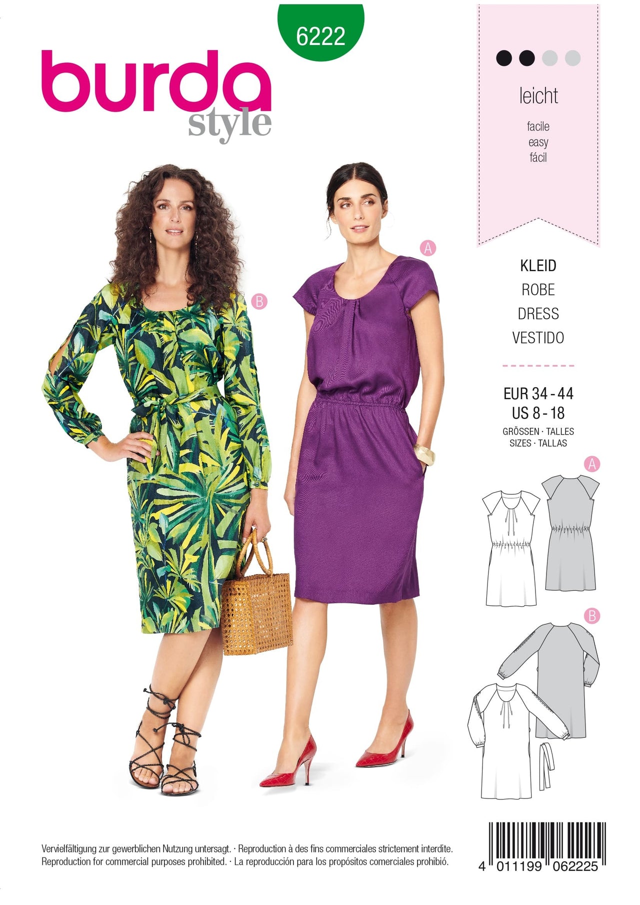 Burda Style Misses' Dress with Pleats at Neckline – Raglan Sleeves B6222 - Paper Pattern, Size 8-18