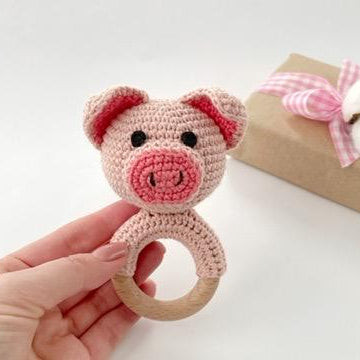 Pig crochet pattern baby rattle toy Amigurumi teether ring