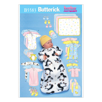 Butterick Infants' Bunting, Jumpsuit, Shirt, Diaper Cover, Blanket, Hat, Bib, Mittens and Booties B5583 - Sewing Pattern