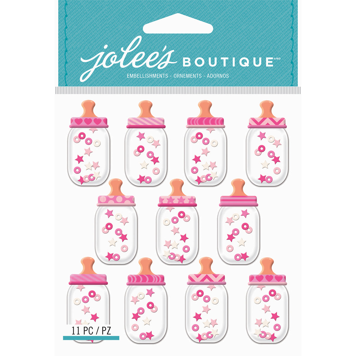 Jolee's Cabochon Dimensional Repeat Stickers - Baby Girl Bottle Dome