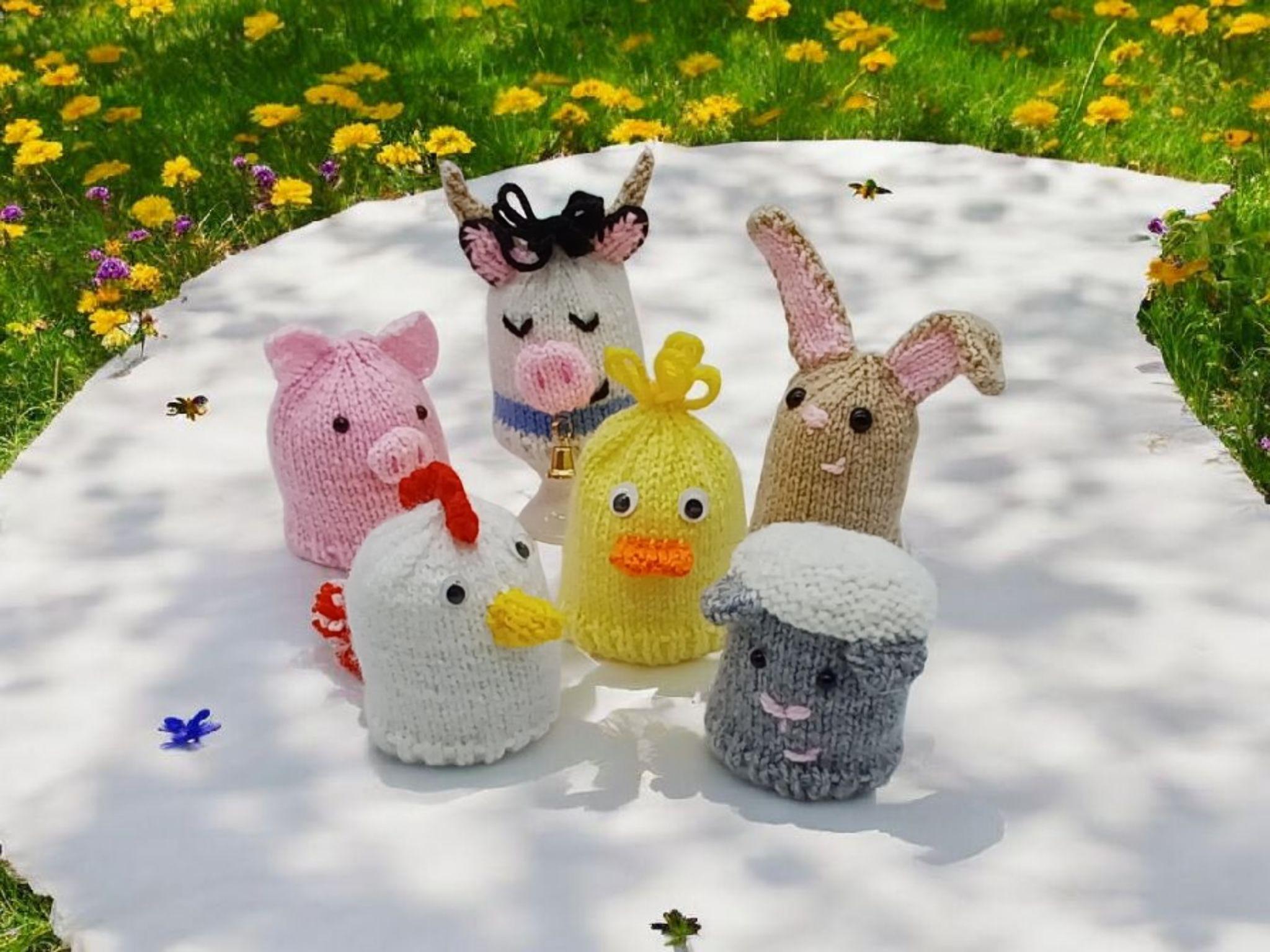 PDF Easter Knitting Pattern DK Farmyard Egg Cosy Warmer Creme Egg Kinder Egg Gift Charity knit EASY Easter Egg Hunt Chick Pig Chicken Bunny