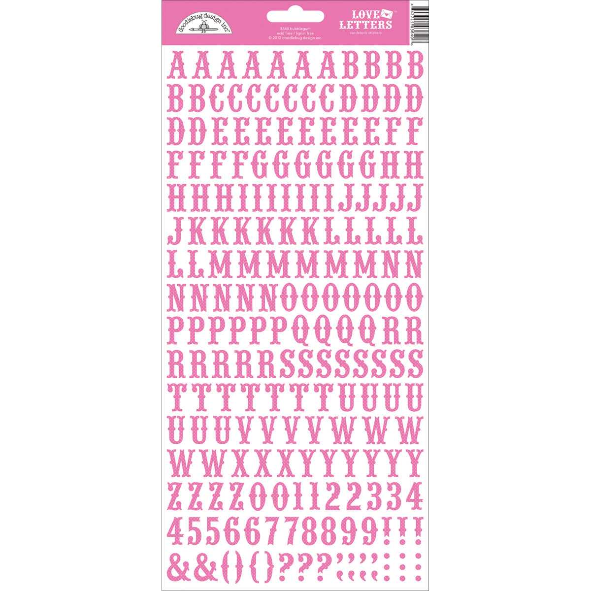 Doodlebug Love Letters Cardstock Alpha Stickers 6"x13" - Bubble Gum