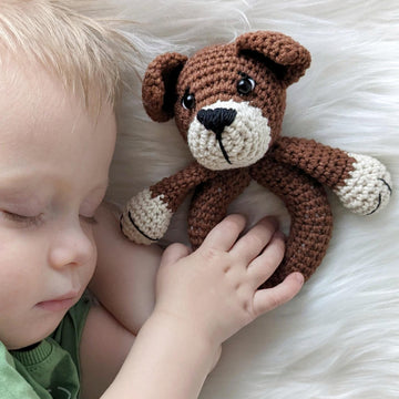 Crochet dog pattern, baby rattle dog amigurumi pattern, crochet baby gift idea