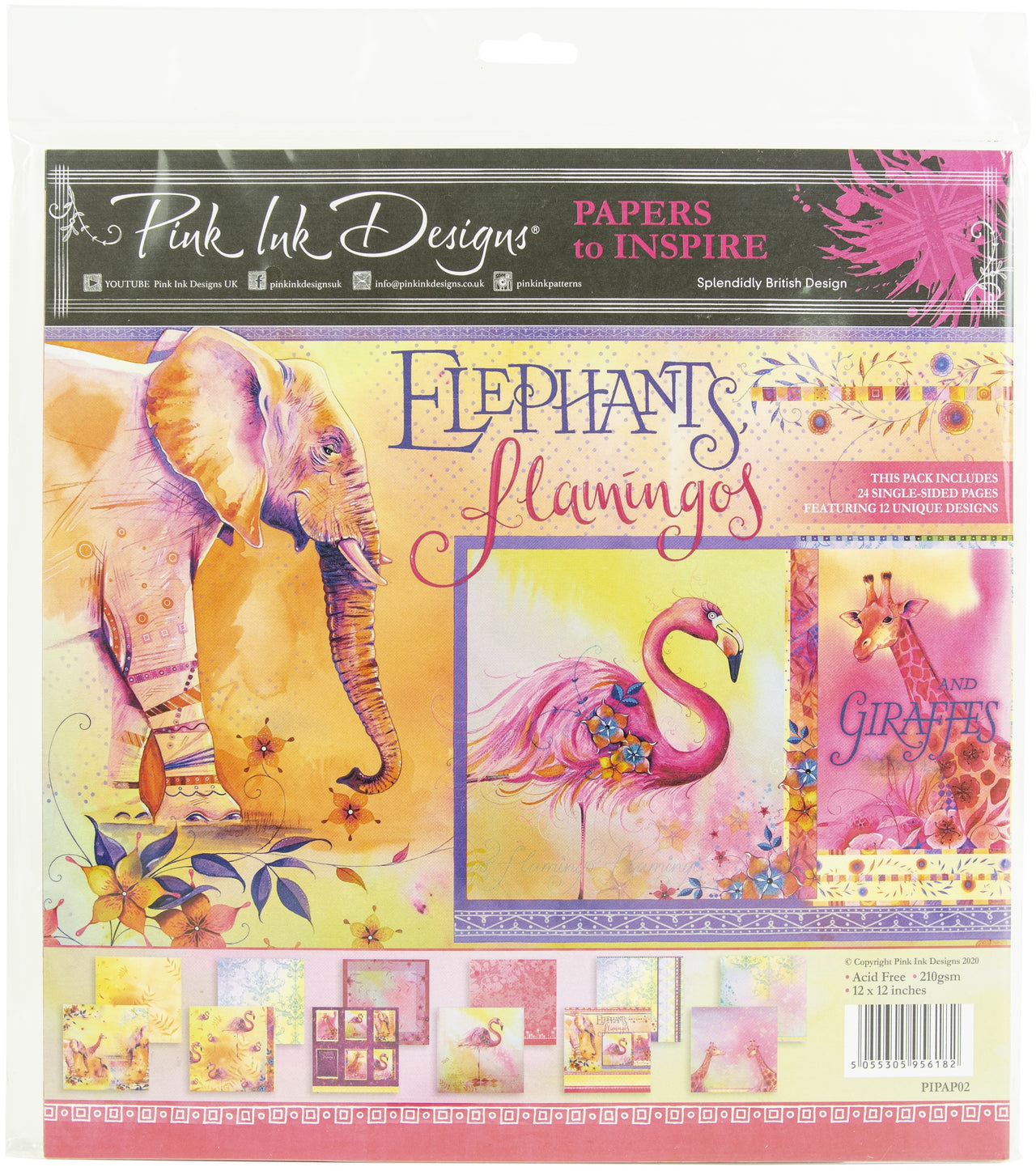 Creative Expressions Pink Ink Designs Paper Pad 12"X12" 24/Pkg - Elephants & Flamingos, 12 Designs/2 Each