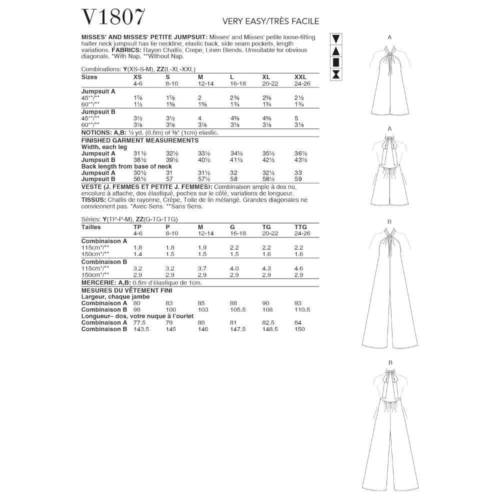 Vogue Misses' & Misses' Petite Jumpsuits V1807 - Sewing Pattern