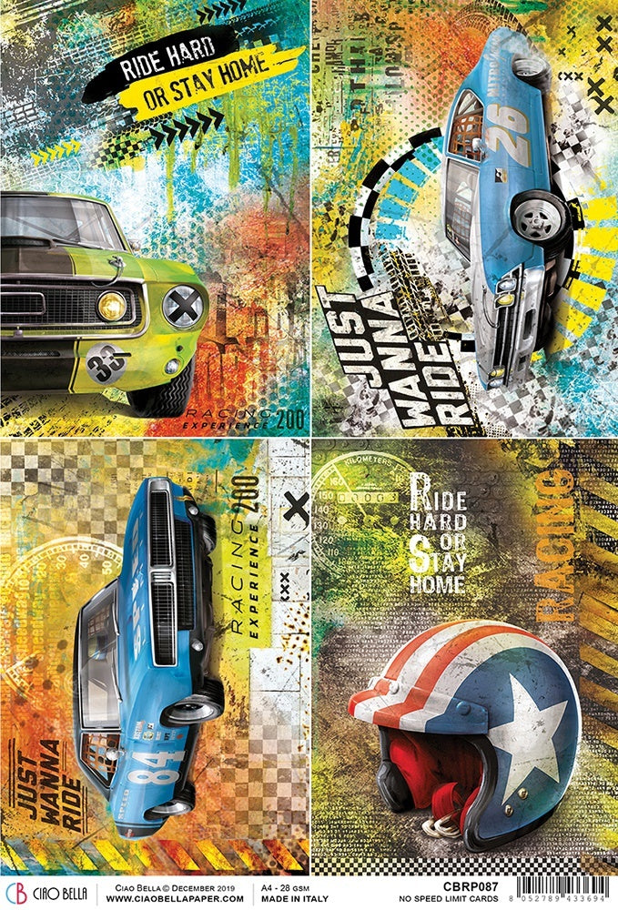 Ciao Bella Rice Paper Sheet A4 5/Pkg - No Speed Limit Cards, Start Your Engines