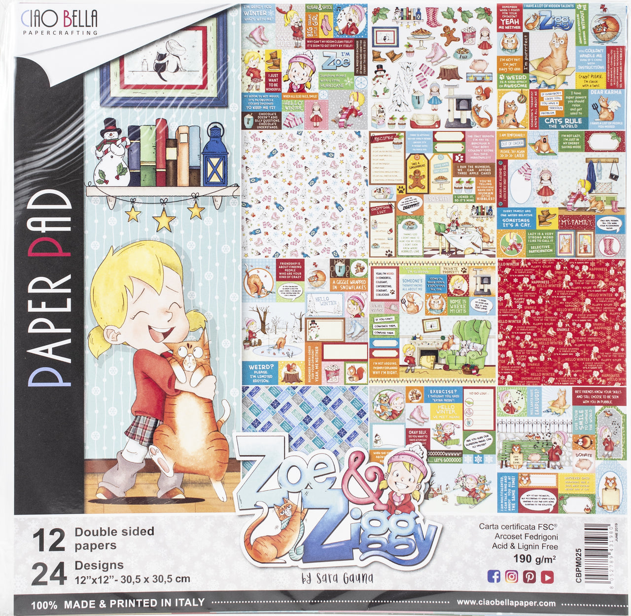 Ciao Bella Double-Sided Paper Pack 90lb 12"X12" 12/Pkg - Zoe & Ziggy, 12 Designs/2 Each