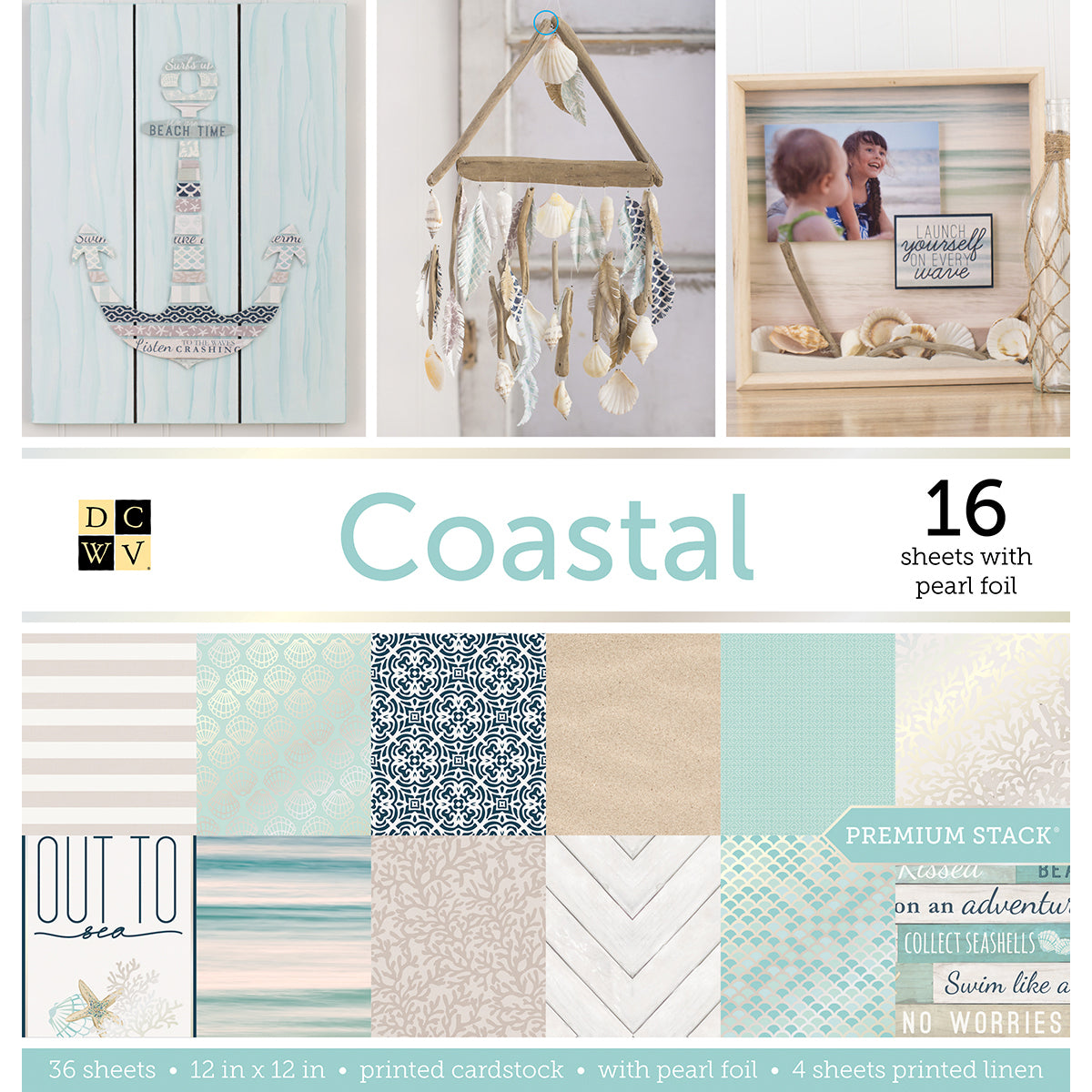 American Crafts DCWV Single-Sided Cardstock Stack 12"X12" 48/Pkg - Coastal; 16 W/Pearl Foil, 4 Linen Prints