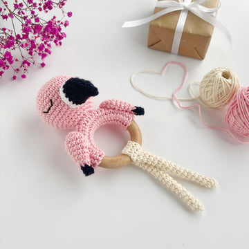 Flamingo crochet pattern baby rattle Amigurumi tether toy