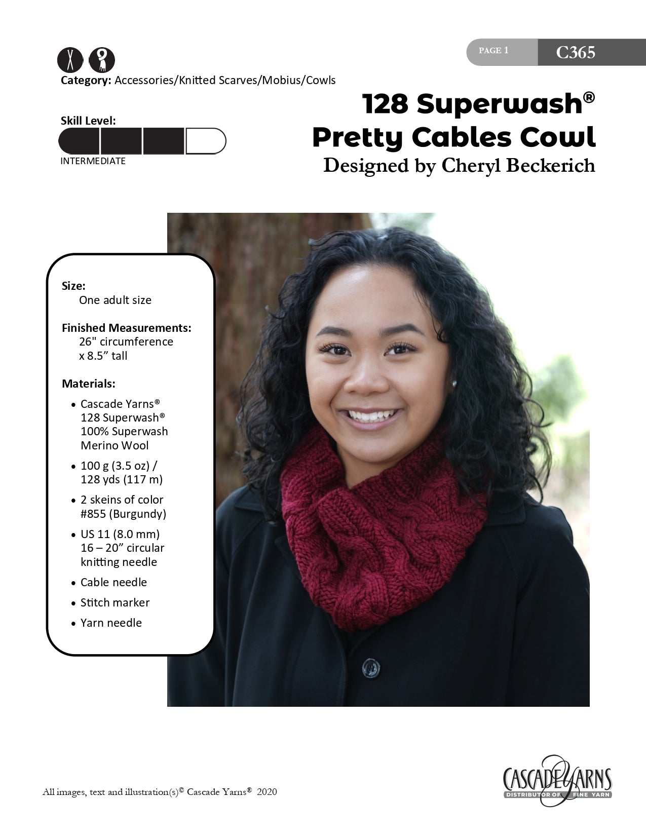 128 Superwash Pretty Cables Cowl in Cascade Yarns - C365 - Downloadable PDF