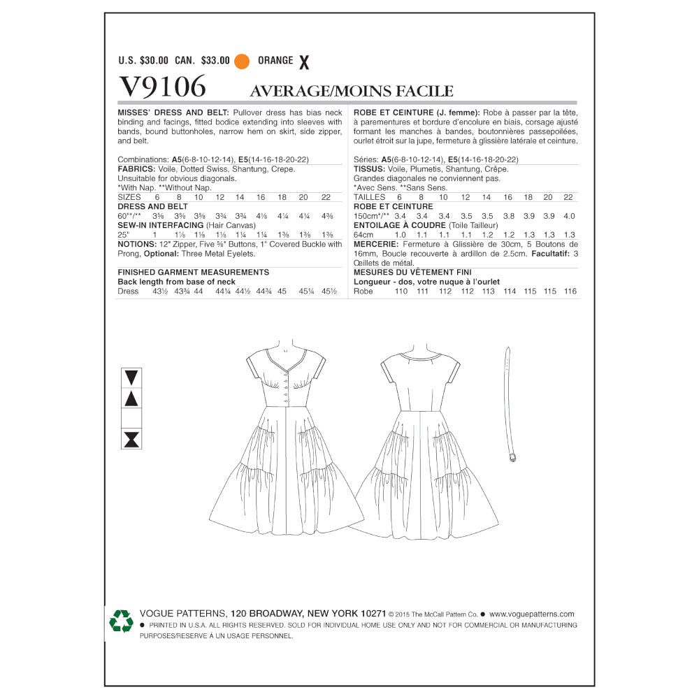 Vogue Misses' Dress and Belt V9106 - Sewing Pattern
