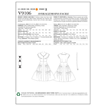 Vogue Misses' Dress and Belt V9106 - Sewing Pattern